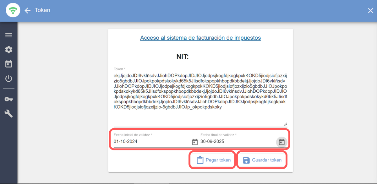 Pegado del token