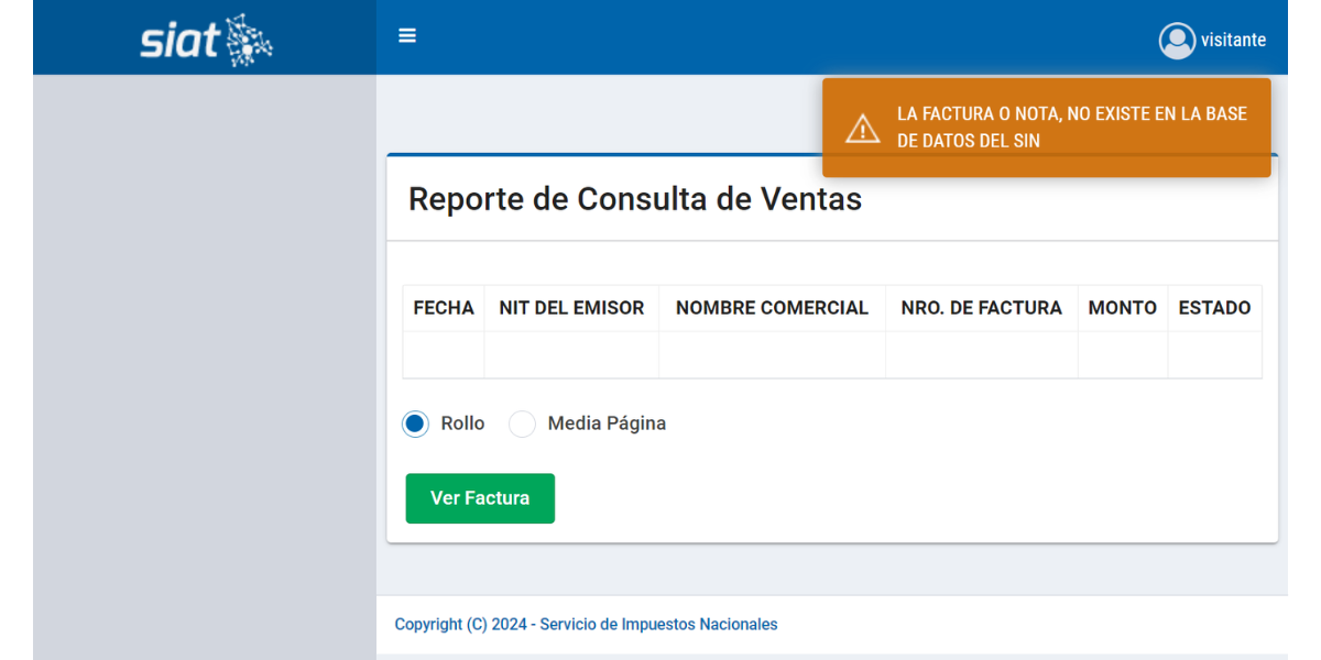 SIAT “LA FACTURA O NOTA, NO EXISTE EN LA BASE DE DATOS DEL SIN”