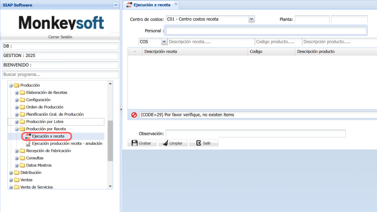 Ingresar al Programa Ejecución por Receta