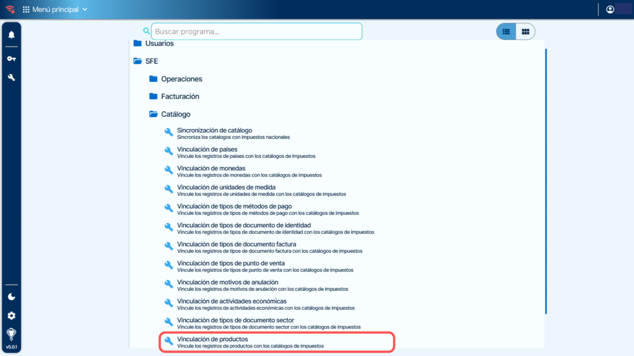 Sistema Facturación SF - Ingreso al programa Vinculación de productos