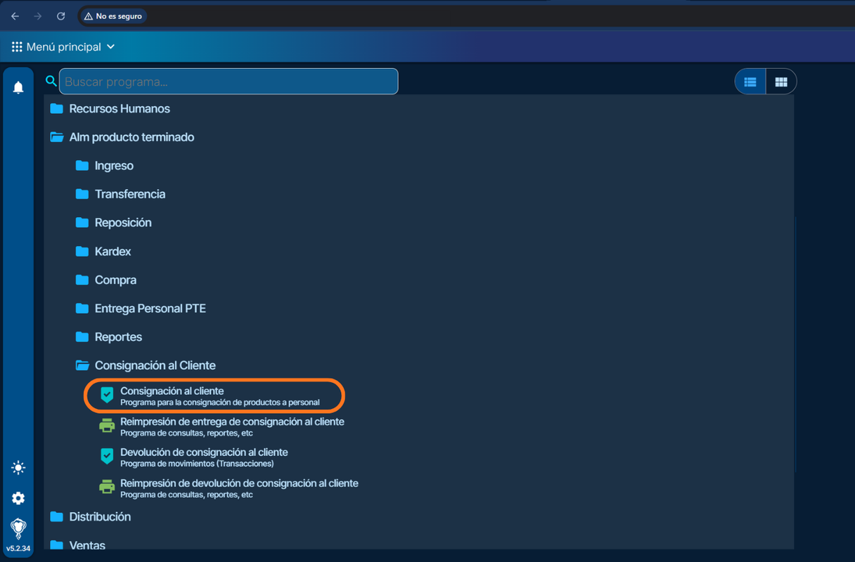 Paso 1. accedemos al programa Consignación al Cliente.