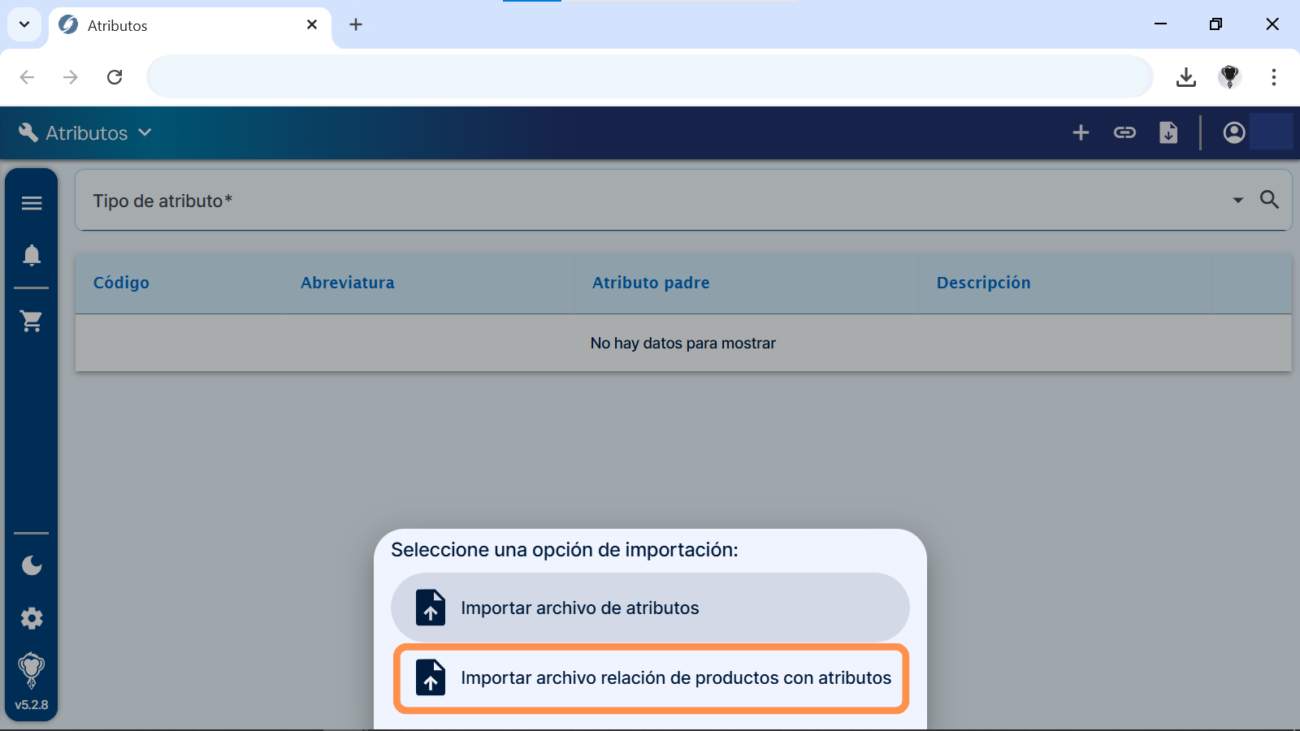 Escoger la opción importar archivo relación de productos con atributos