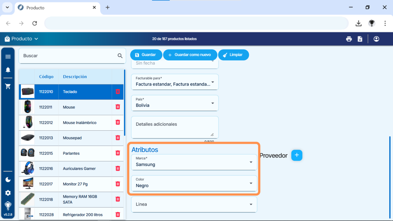 Producto - Relación de productos con atributos